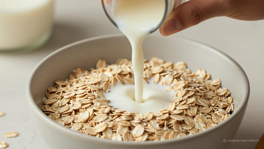 Havermout en plantaardige melk worden gemengd in een kom.