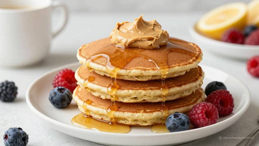 Gestapelde pannenkoeken met pindakaas en ahornsiroop.