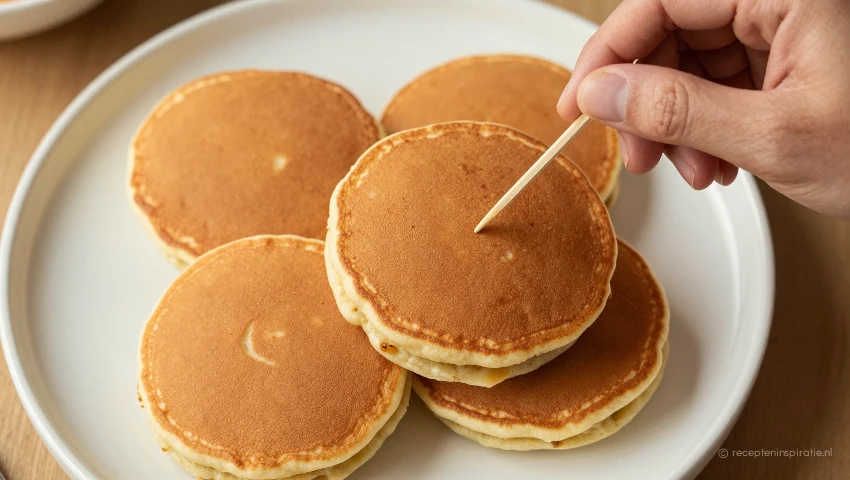 Pannenkoeken op bord, prikker controleert gaarheid.