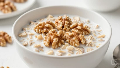 Overnight oats met walnoten in een kom.