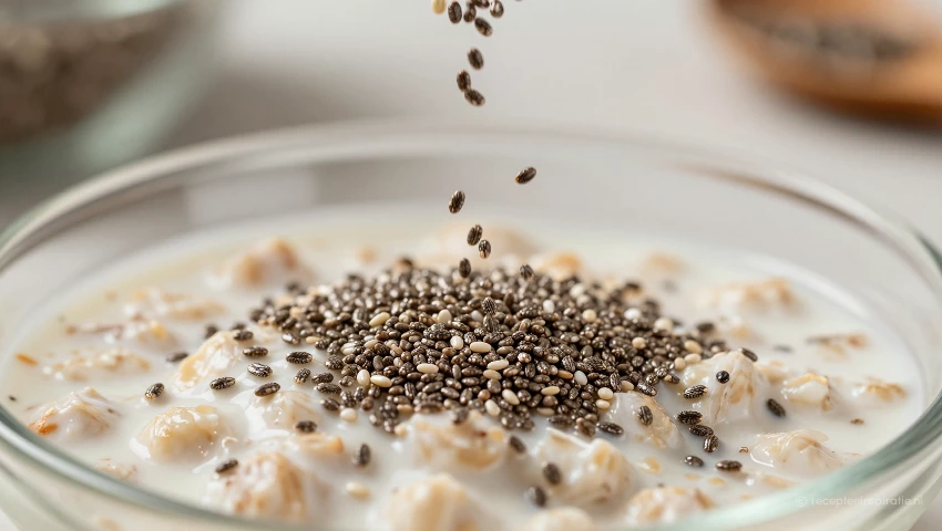 Macro foto van chiazaad dat in overnight oats valt.