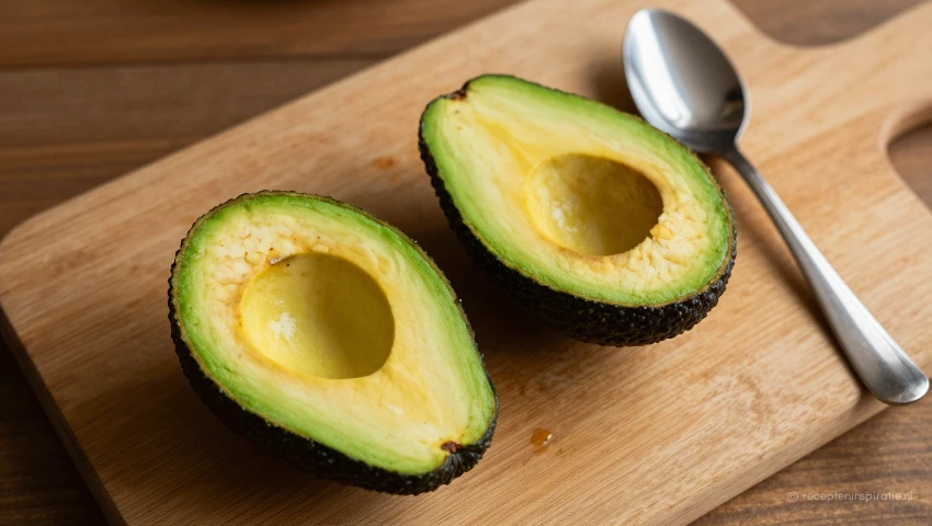 Bovenperspectief van halve avocado's op een snijplank.