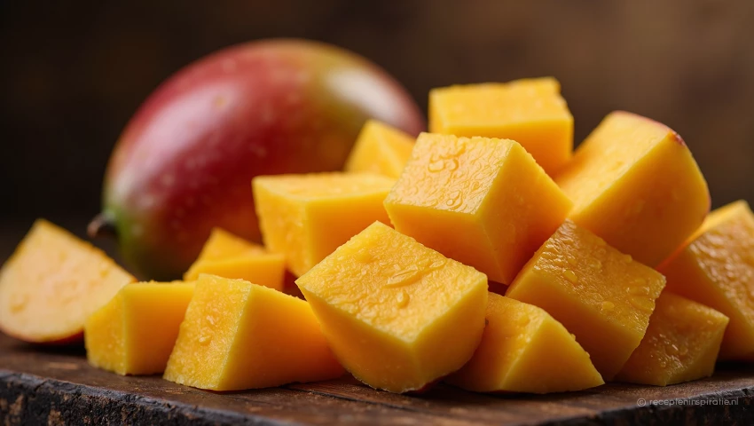 Close-up van blokjes mango, benadrukt de zoetheid.