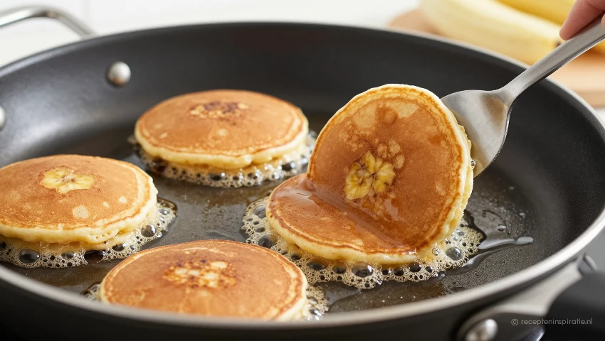 Veganistische Bananenpannenkoeken Met Pindakaas En Ahornsiroop Veganistische Bananenpannenkoeken Met Pindakaas En Ahornsiroop