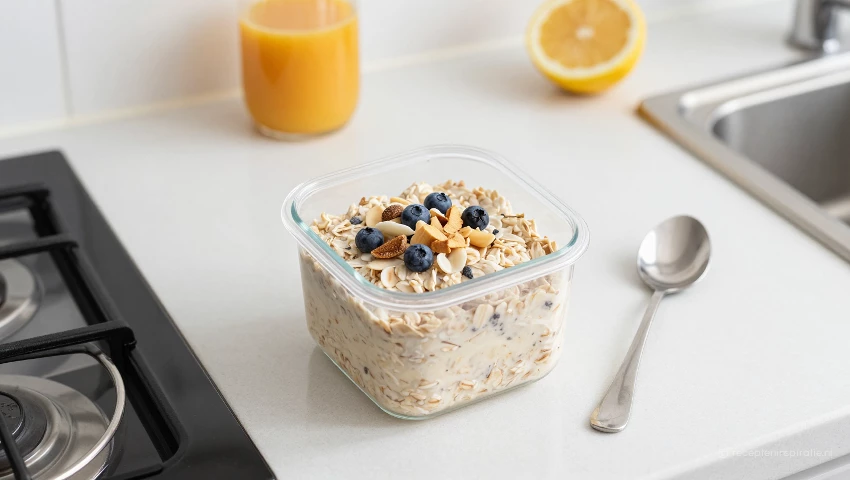Overzicht van restjes overnight oats op een aanrecht.