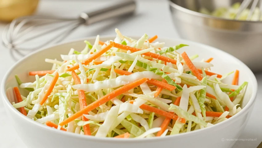 Verse coleslaw in een kom, klaar voor gebruik.