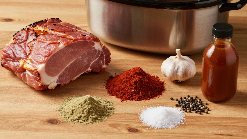 Ingrediënten voor pulled pork, gekruiden en saus.