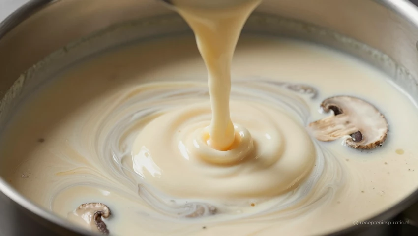 Close-up van room die in soep wordt gerold.