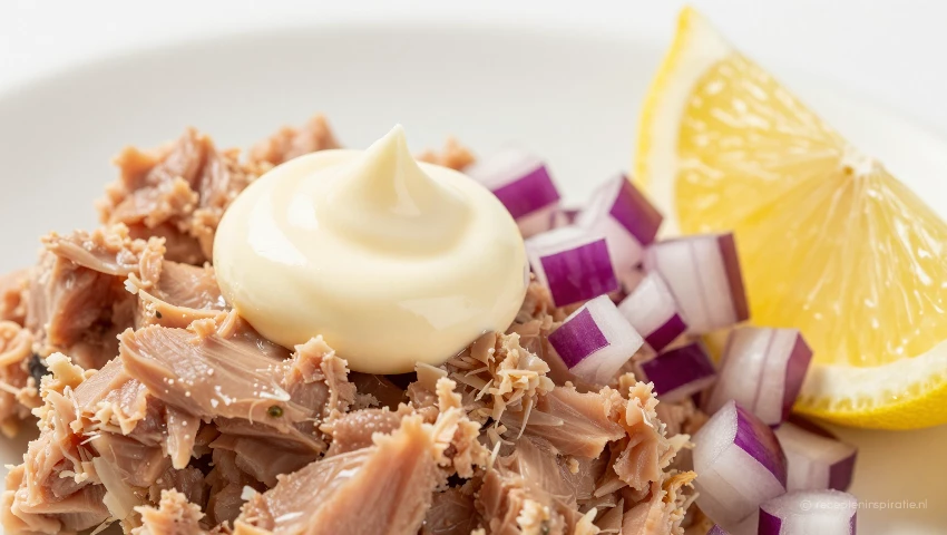 Close-up van tonijn, mayonaise, rode ui en citroen.