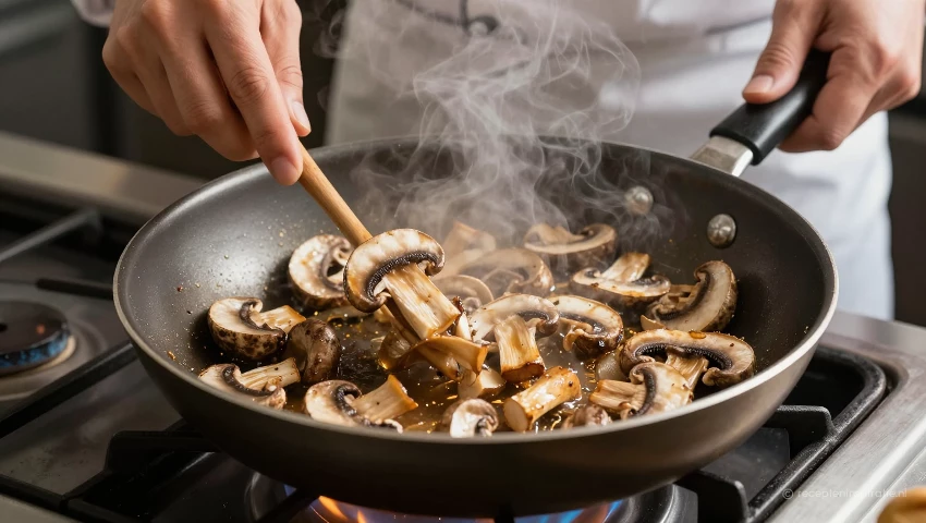 Champignons worden in een pan gebakken, met stoom die omhoog komt.