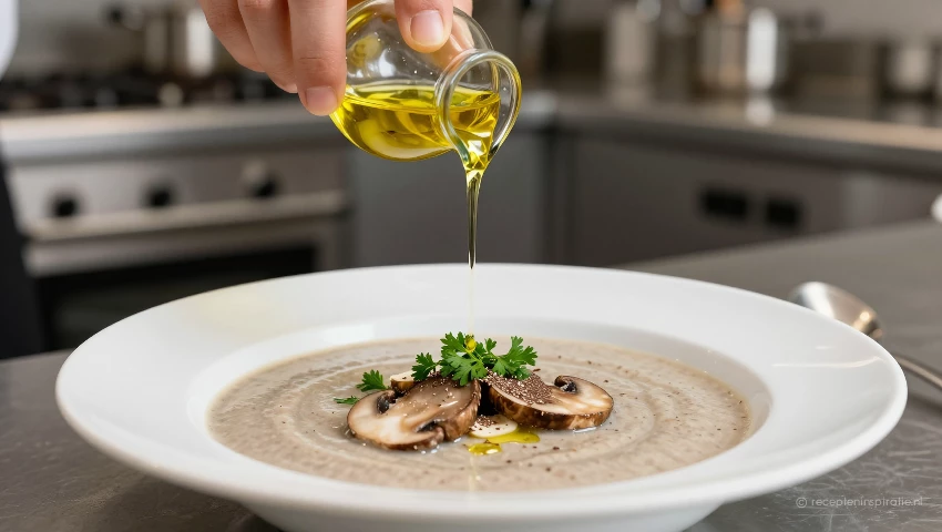 Truffelolie wordt gedruppeld op soep en verse peterselie wordt toegevoegd.