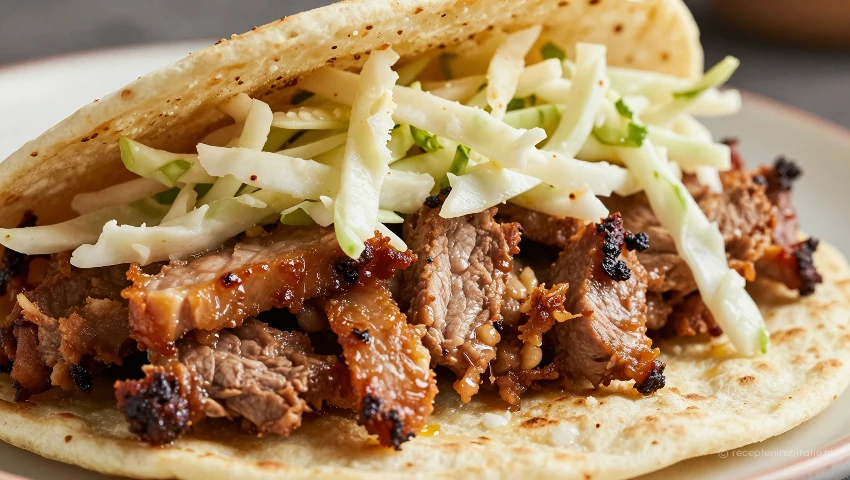 Close-up van pulled pork en coleslaw op een tortilla.