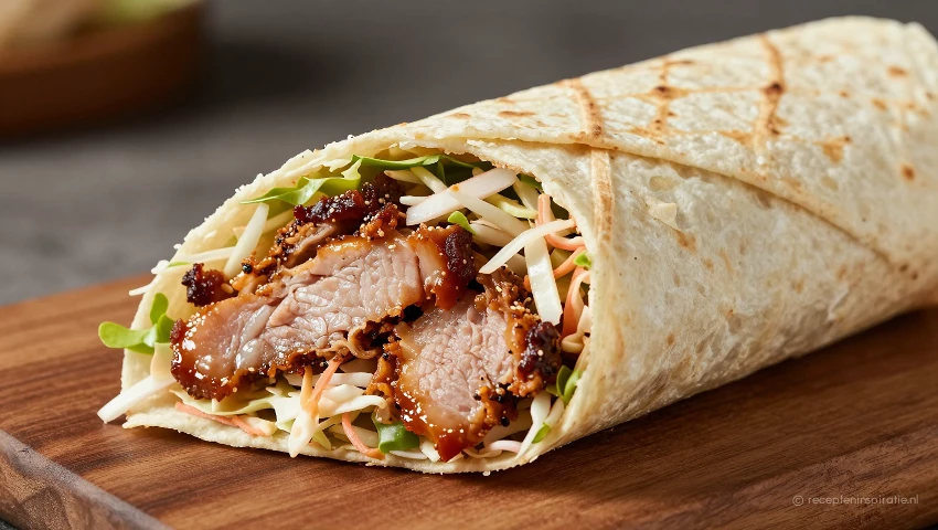 Half opgerolde wrap met pulled pork en coleslaw.