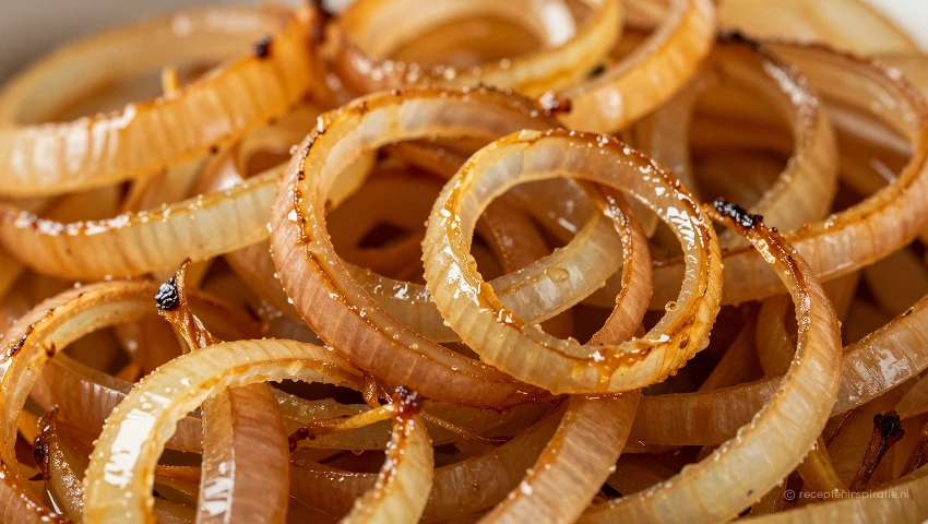 Close-up van perfect gekaramelliseerde uien met rijke kleuren.