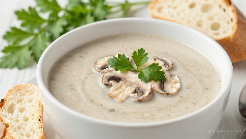 Kom soep, stuk brood en takje peterselie.