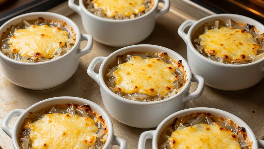 Franse uiensoep gegratineerd met Gruyère kaas in de oven.
