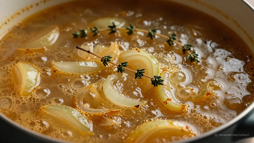 Close-up van sudderende Franse uiensoep met tijm.