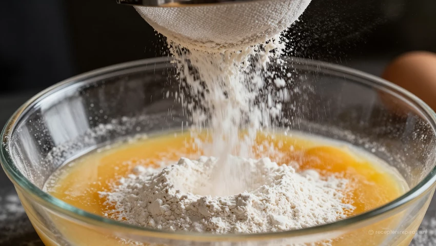 Close-up van gezeefde bloem in een kom.