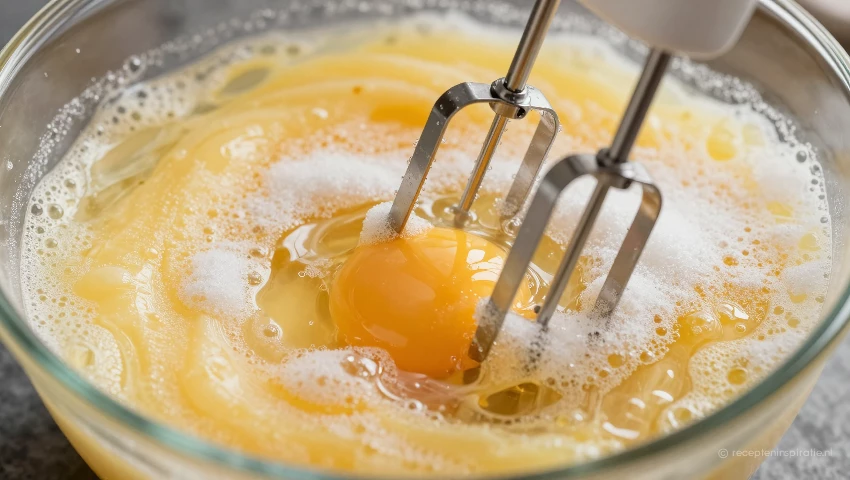 Close-up van luchtig geklopte eieren en suiker.