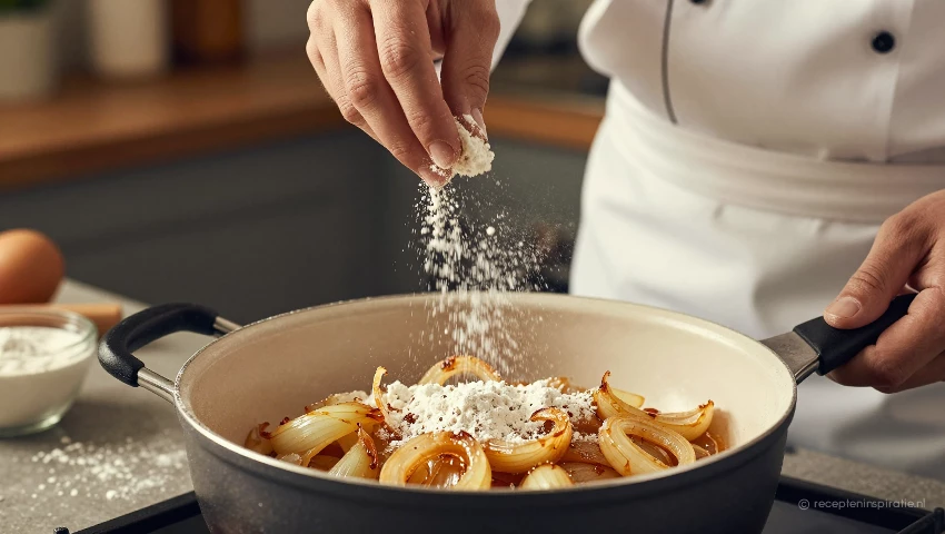 Handen strooien bloem over uien, gezellige sfeer.