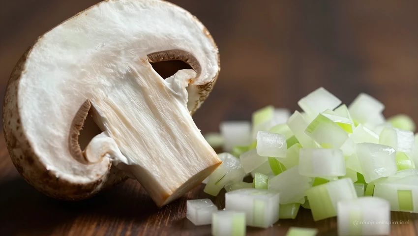 Close-up van gesneden champignons en gesneden ui.