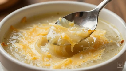 Lepe ldeschep in gegratineerde uiensoep.