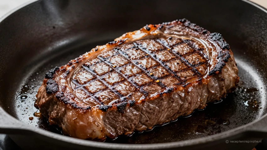 Close-up van een hertenbiefstuk die bruin bakt in een pan.