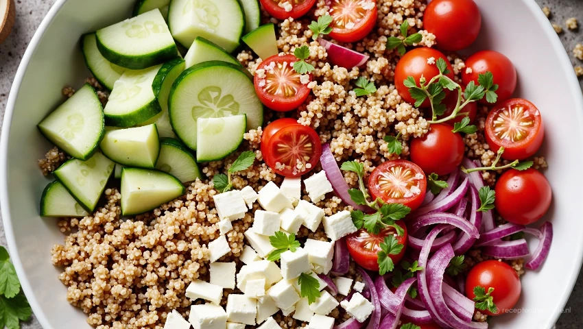 Quinoa, groenten en feta in een grote kom.