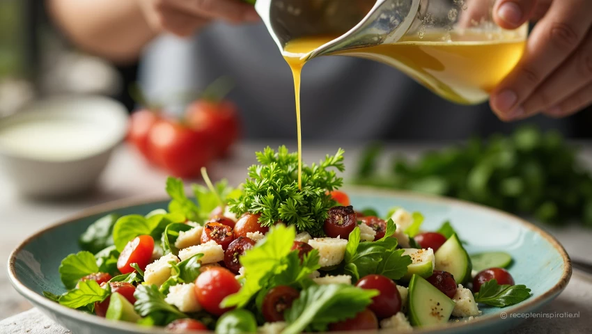 Salade wordt besprenkeld met dressing en peterselie.