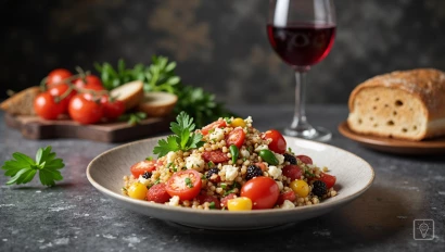 Salade, wijn en brood als onderdeel van een maaltijd.