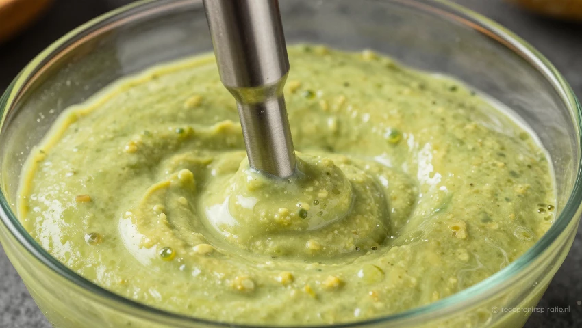 Staafmixer in avocado dressing met romige textuur.