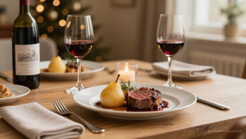 Festelijke gedekte tafel met hertenbiefstuk en een fles wijn.