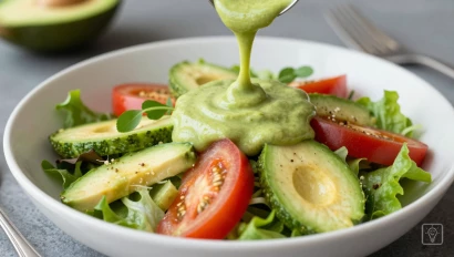 Avocado dressing over een kleurrijke salade.
