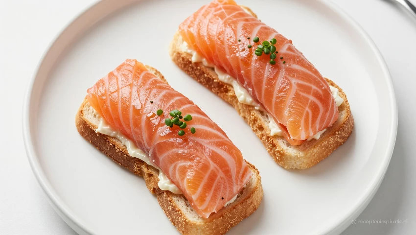 Zalmrollen op toast van bovenaf gefotografeerd.