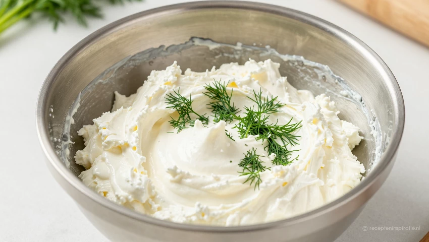 Roomkaas en dille worden gemengd in een kom op een aanrecht.