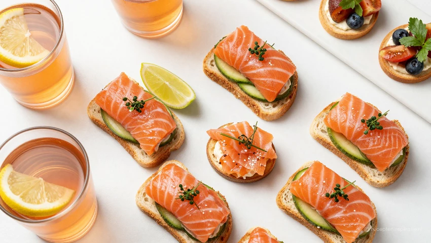 Zalmrollen op toast op een tafel met drankjes en hapjes.