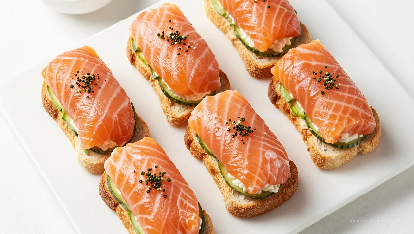 Zalmrollen op toast van bovenaf, op een schaal met garnering.