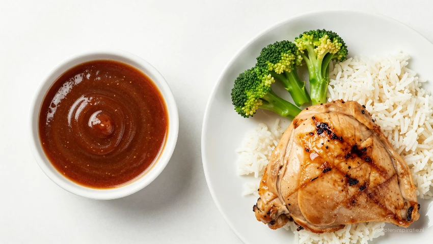 Minimalistische opstelling met de saus en de bijgerechten.