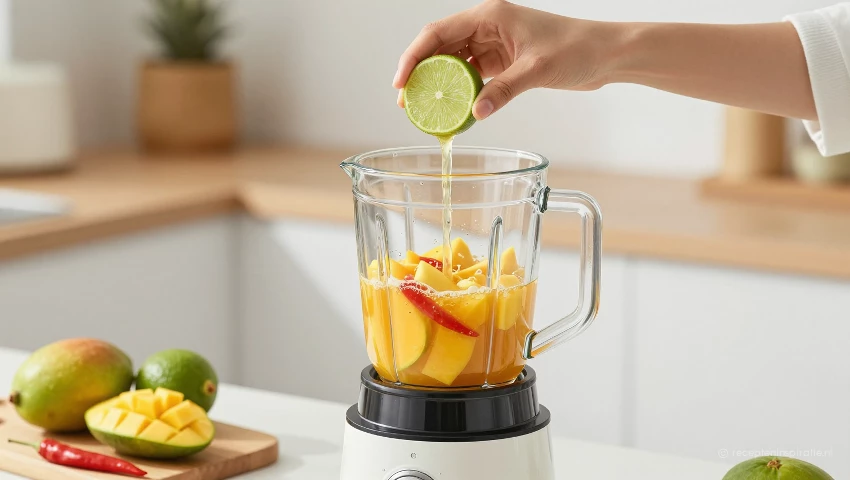 Persoon perst limoensap in een blender met mango en chili.