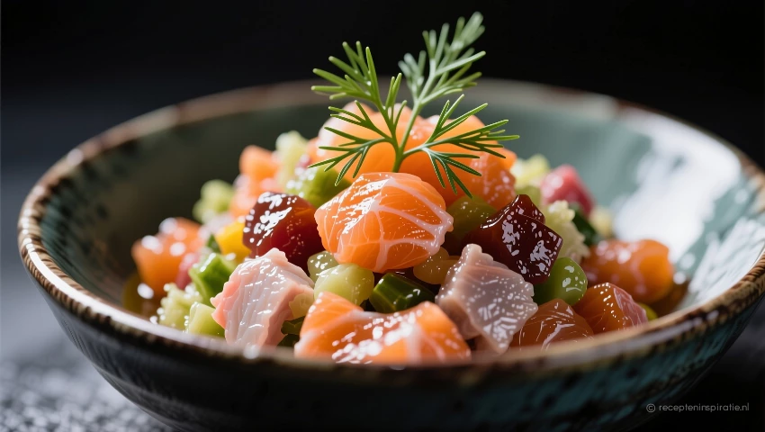 Zalmtartaar in een kom, met een kleurrijke mix van ingrediënten.