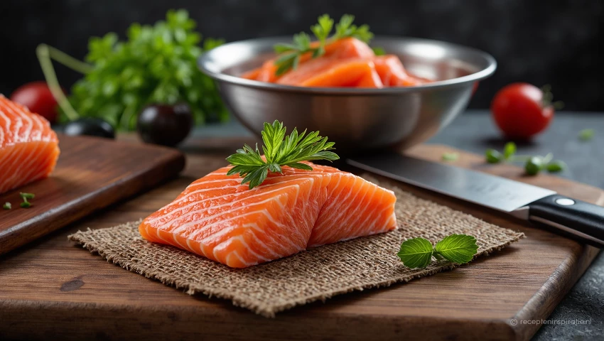 Mes, zalm en kom: gereedschap voor het maken van zalmtartaar.