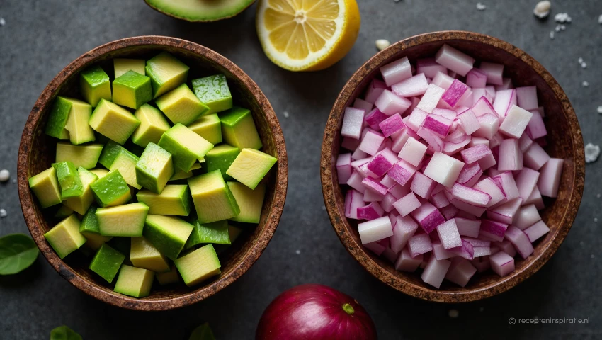 Dobbelsteentjes avocado en rode ui, klaar voor de bereiding.