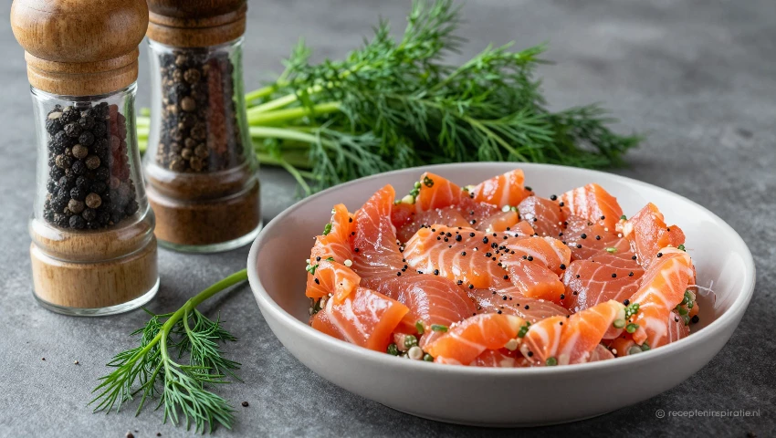 Kom met zalmtartaar, pepermolen en dille in een stilleven.
