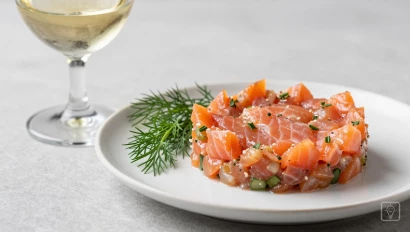 Zalmtartaar, wijn en dille, in een stilleven.