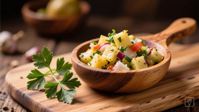 Aardappelsalade met peterselie, stilstaand.