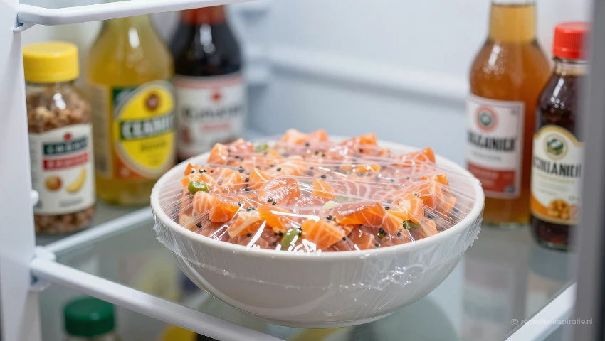 Kom met zalmtartaar, afgedekt in de koelkast, in een stilleven.