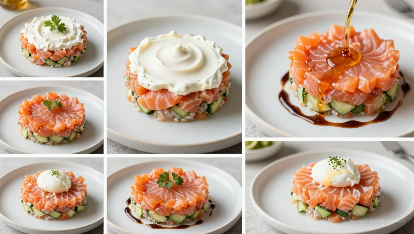 Collage van verschillende zalmtartaar variaties, met crème fraîche en ei.