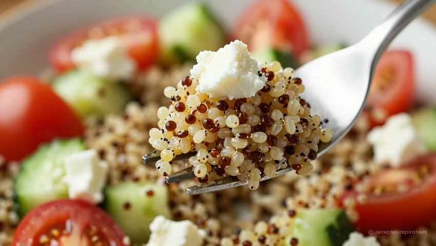 Detail van een vork vol mediterrane quinoa salade.