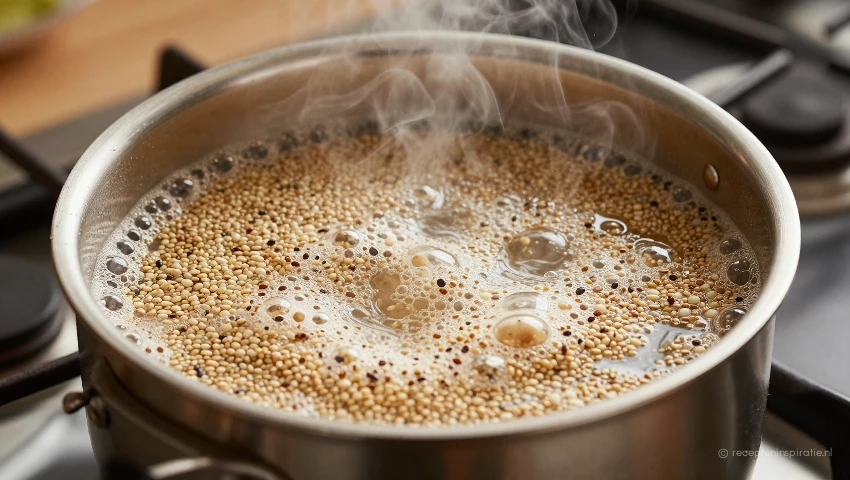Kokende quinoa in een pan op het fornuis, detail.