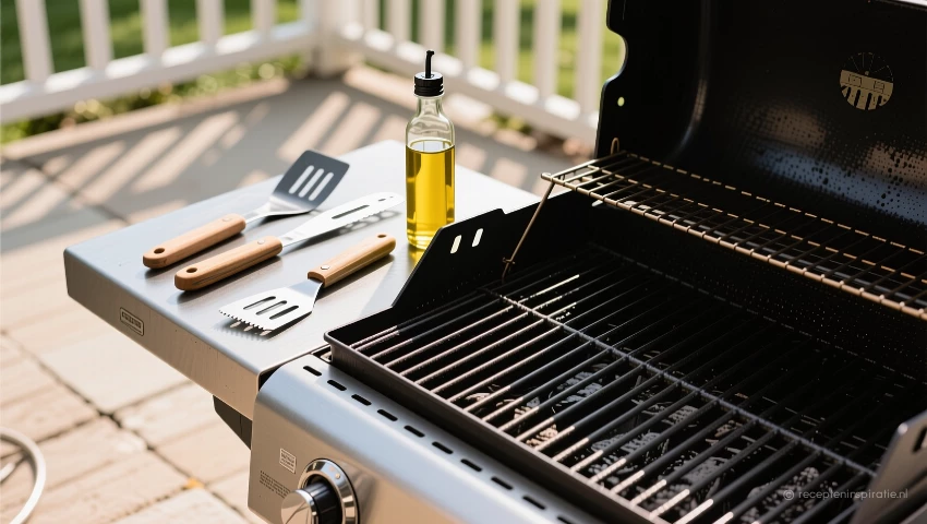 Grill gereedschap, olie en een schone grill op een terras.